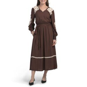 LEA Chocolate Long Sleeve Floral Embroidered Maxi Dress With Belt